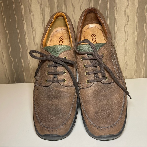Ecco Seawalker Men\'s 12 Pebbled Shock Point Brown Tan Leather Lace Up Moc Toe
